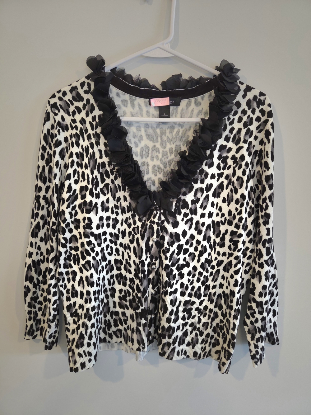 White House Black Market Black and White Leopard Ruffle-Trim Cardigan. Size L.